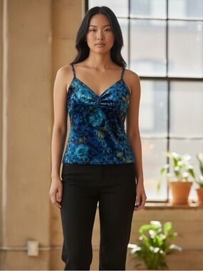 Hot Kiss Vintage Blue Floral Velvet Cami Top